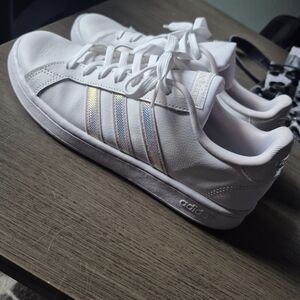 Adidas White Sneakers with Iridescent Stripes